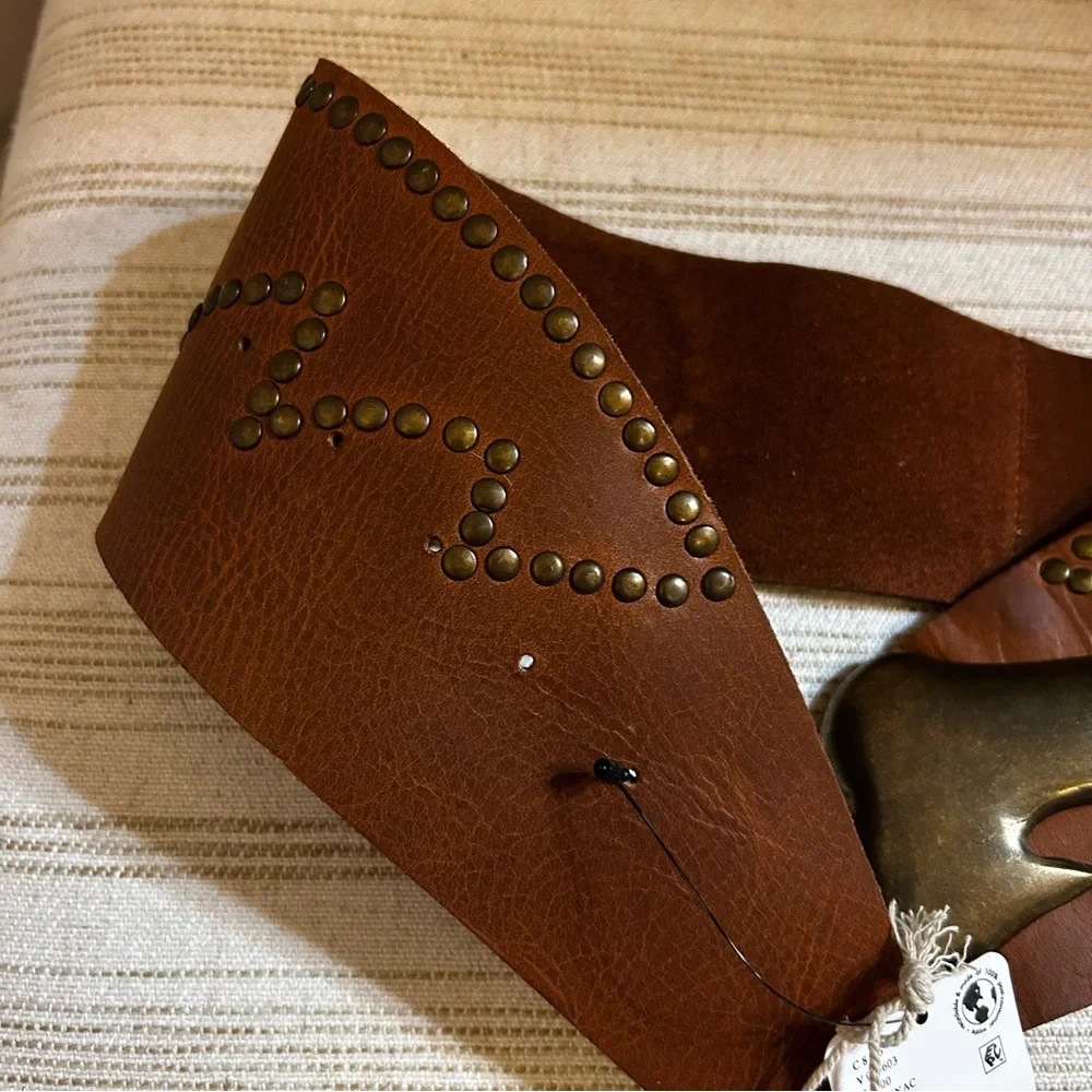 NWT Free People Adorn Studded Leather Waist Belt Cognac
